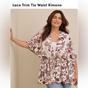 Torrid brown floral lace trim tie waist kimono
